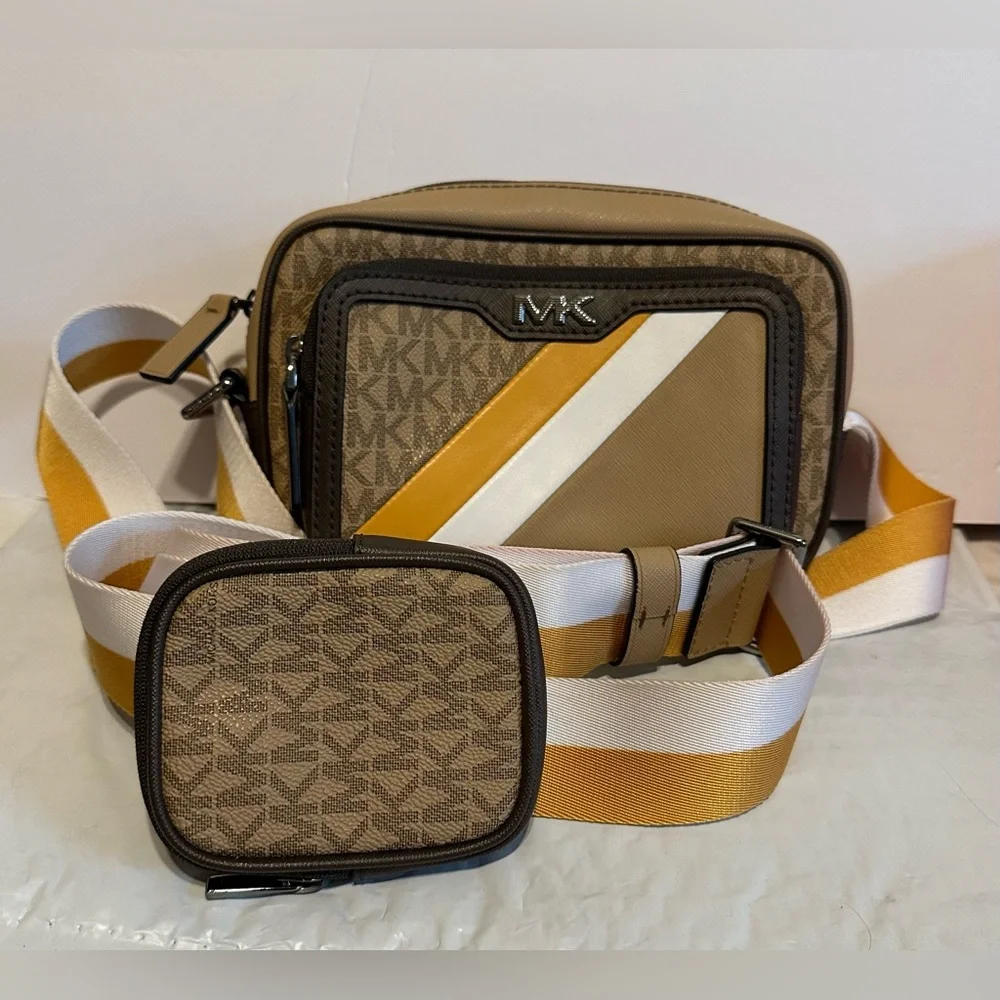 MICHAEL KORS RIVINGTON Striped Crossbody Camera Bag W/ Pouch MK Brown‎ Multi